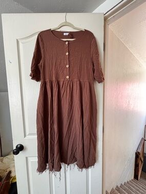 Earth-Tone Button-Front Midi Dress - Rust Brown